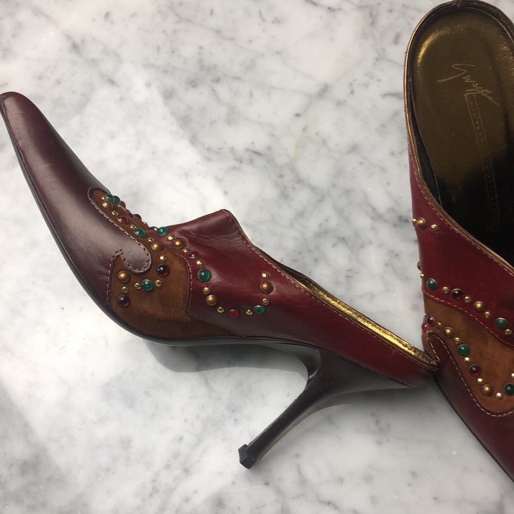 Giuseppe Zanotti design Size 7.5 Two-Tone Red & Brown Studded Pointed-Heel Mules - Picture 3 of 10